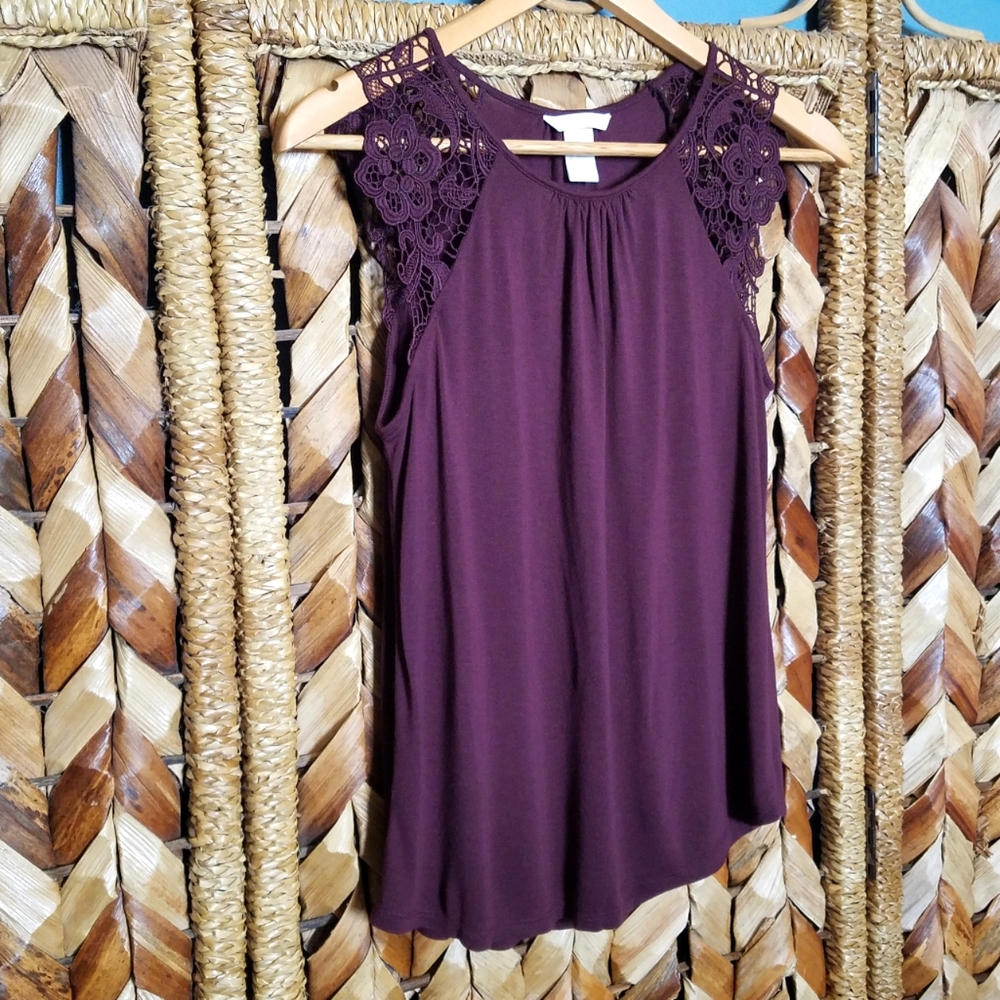 H&M Plum Crochet Shoulder High Scoop Neck Tank Top